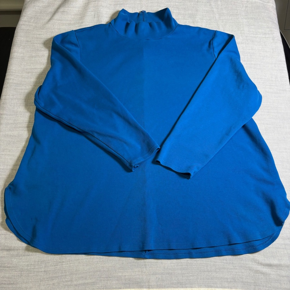 Chico's Mock Neck Top Size 4 XXL Blue Pima Cotton A-Line Back Zip